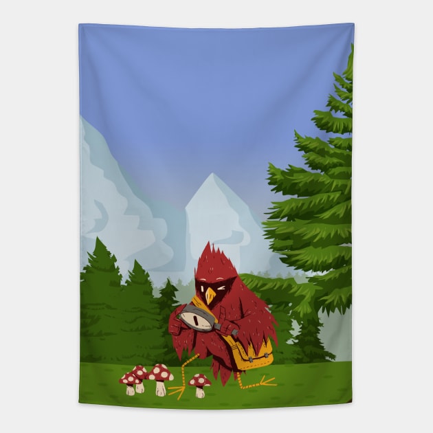 Cardinal Bird Picking Mushrooms on a Sunny Day Tapestry by Belcordi