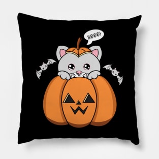 Happy Halloween Cute Cat, Kawaii black cat with pumpkin Pillow