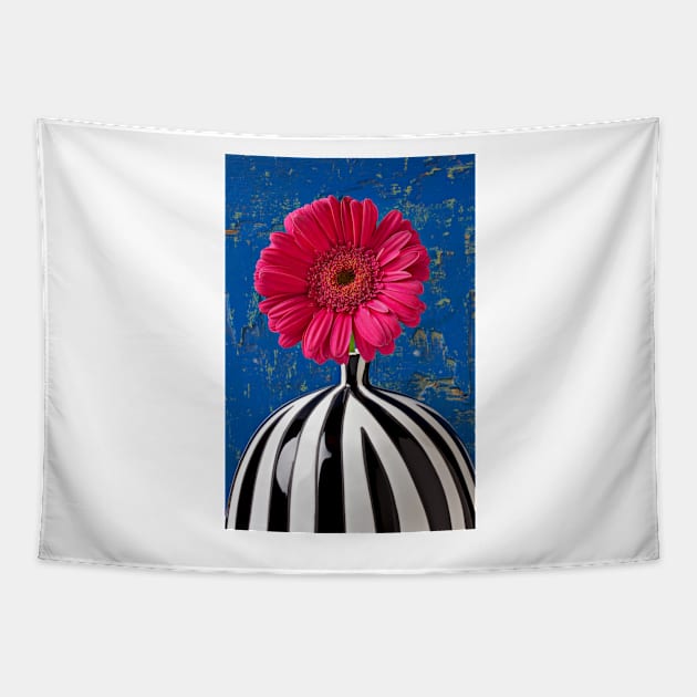 Dark Pink Mum In Striped Vase Tapestry by photogarry