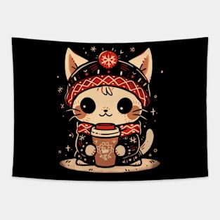 Cute Anime Christmas Coffee Cat Tapestry