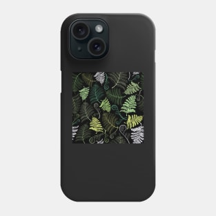 Green fern leaves on black background Phone Case