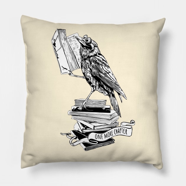 Black raven read book, gift for reader, student gift, lover books, black and white Pillow by Collagedream