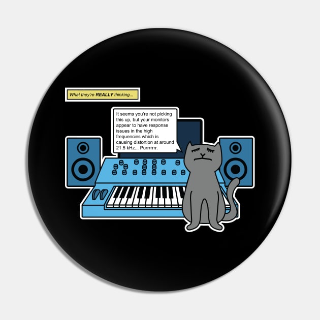 Cat on Music Studio Desk with Analogue Synthesizer Pin by Atomic Malibu