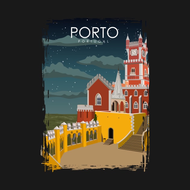 Porto Portugal Vintage Minimal Retro Travel Poster at Night by jornvanhezik