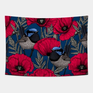 Fairy wrens and red poppies Tapestry