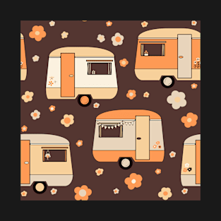 Repeat pattern of cute vintage caravans in retro colours on chocolate brown T-Shirt