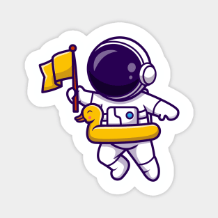 Astronaut Bring Flag And Floating With Duck Tires Cartoon Magnet