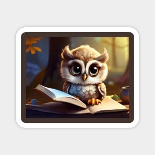 Baby Owl with Big Eyes Reading a Book Magnet