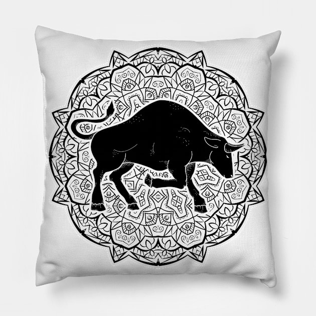 Taurus Mandala Zodiac in Black and White Pillow by Serbyk