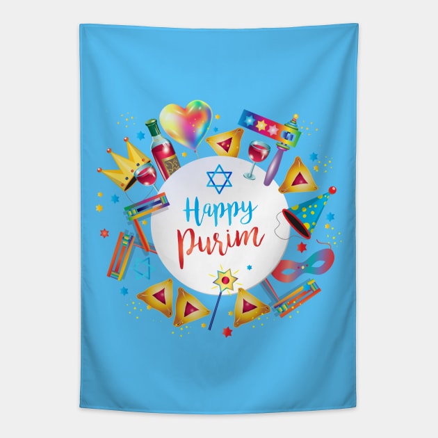 Happy Purim Kids Party Gifts Decoration Jewish Holiday Traditional symbols. Hamantaschen cookies, gragger toy noisemaker, clowns, balloons, masks, stars of David. Carnival. Tapestry by sofiartmedia