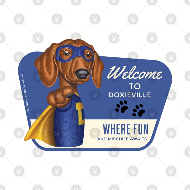 Funny Dachshund Superhero in blue suit by Danny Gordon Art