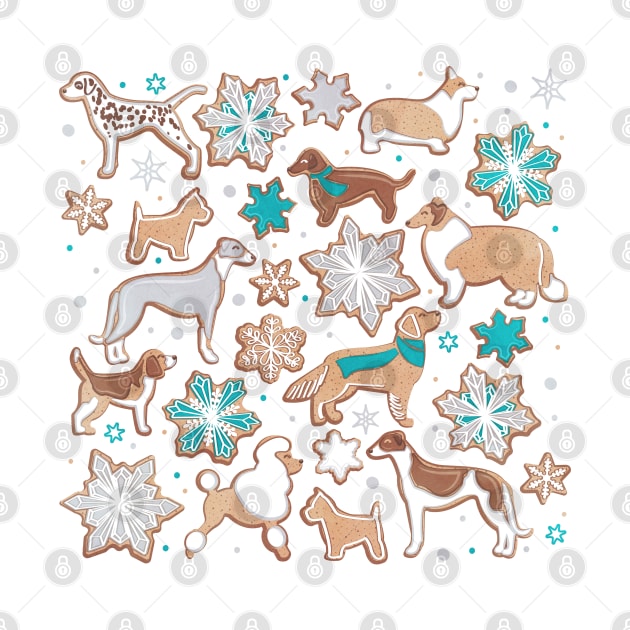 Catching ice and sweetness // spot // white background gingerbread white brown grey and dogs and snowflakes turquoise details by SelmaCardoso