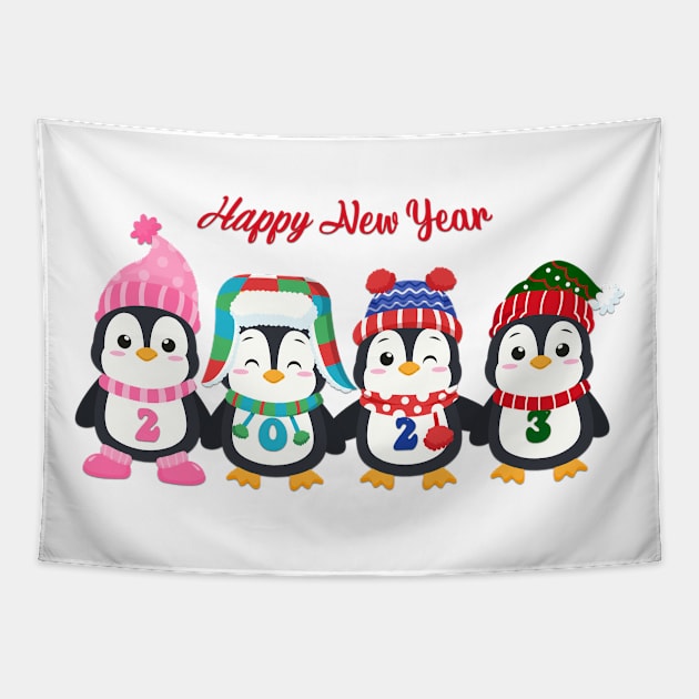 Happy new year penguins Tapestry by HassibDesign