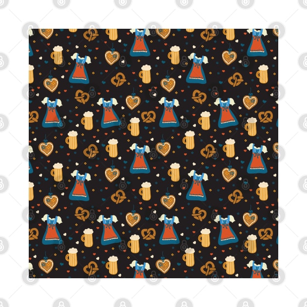 Ready for Oktoberfest Dirndl dresses, beer, and pretzels on black by Sandra Hutter Designs