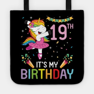 Happy Unicorn Dancing Congratulating 19th Time It's My Birthday 19 Years Old Born In 2002 Tote