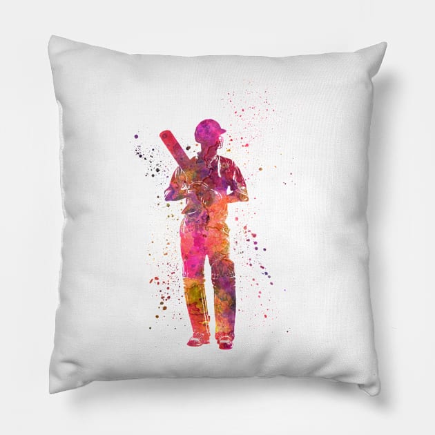 Cricket player batsman silhouette in watercolor Pillow by PaulrommerArt