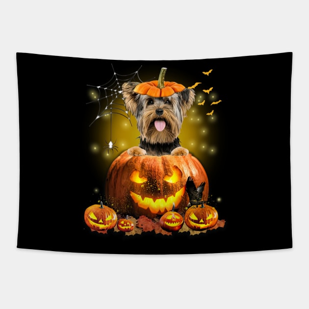 Yorkshire Terrier Spooky Halloween Pumpkin Dog Head Tapestry by Centorinoruben.Butterfly