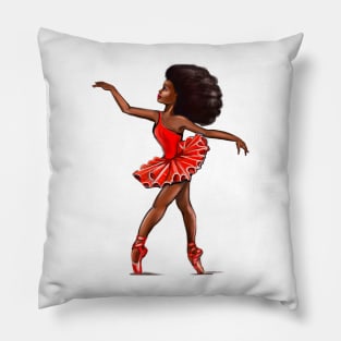 Ballet in red pointe shoes - ballerina with Afro hair doing pirouette in red tutu and red shoes  - brown skin ballerina Pillow