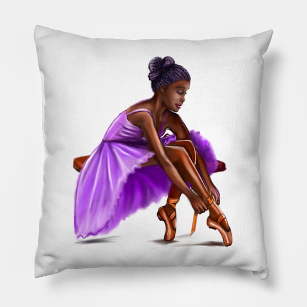 ballerina getting ready, lacing her ballet shoes - brown skin ballerina Pillow by Artonmytee