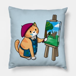 Cat artist easel beret Pillow