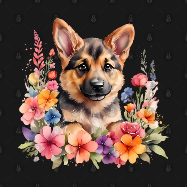 A german shepherd decorated with beautiful watercolor flowers by CreativeSparkzz