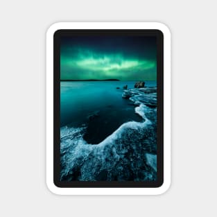 Ice on the lake shore and northern lights landscape Magnet