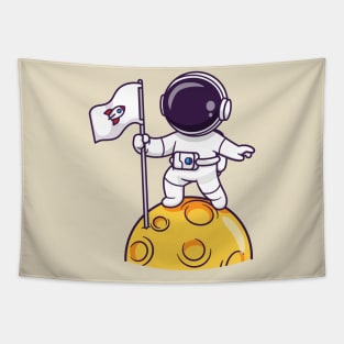 Cute Astronaut Holding Flag On Moon Cartoon Tapestry