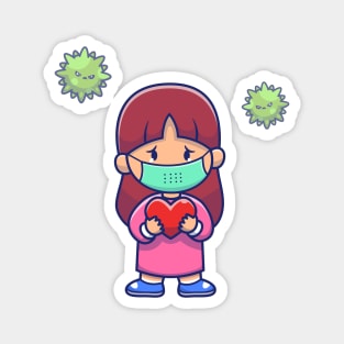 Cute Girl Hold Heart Wear Mask Cartoon Magnet