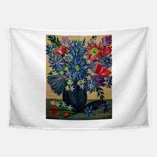 A natural background and some vibrant flowers in a turquoise vase Tapestry