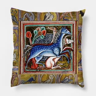 MEDIEVAL BESTIARY THREE HORSES, FANTASTIC ANIMALS IN GOLD RED BLUE COLORS Pillow