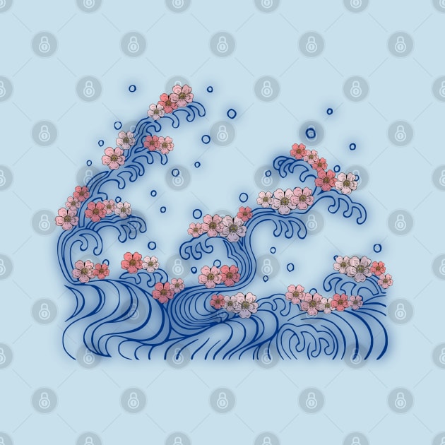 Blue Waves and Pink Cherry Flowers in Japanese Art Style by Lighttera