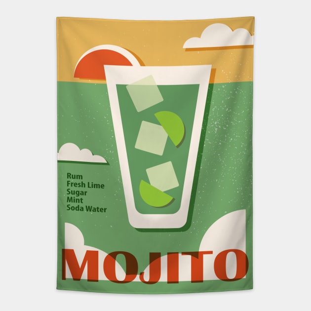 Mojito recipe, Cocktail, Retro 70s, Aesthetic art, Vintage art, Exhibition poster, Mid century modern Tapestry by KristinityArt