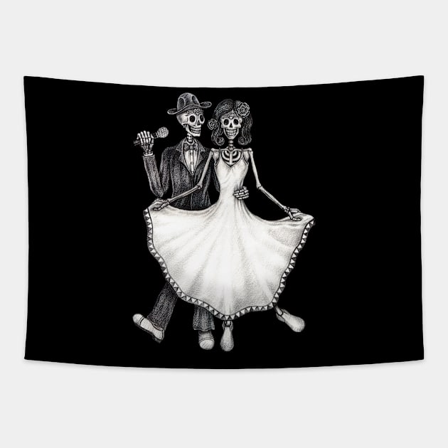 Sugar skull couple wedding sing a song celebration day of the dead. Tapestry by Jiewsurreal