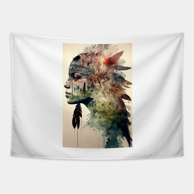 Native American Double Exposure Watercolor Painting Tapestry by TortillaChief