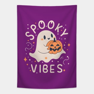 Spooky Vibes Cute Ghost with Pumpkin Tapestry