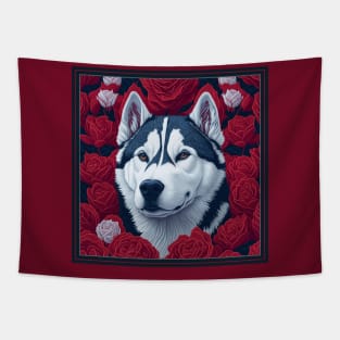 Dogs, Husky and flowers, dog, style vector (red version Siberian Husky) Tapestry