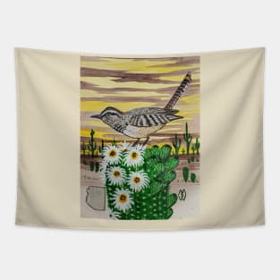 Arizona state bird and flower, the cactus wren and saguaro cactus flower Tapestry