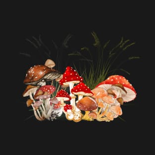 Mushrooms - Cottagecore style - black background T-Shirt
