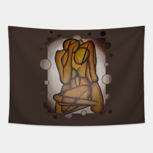 Abstract Lovers Contemporary Art In Ochre And Brown Tapestry