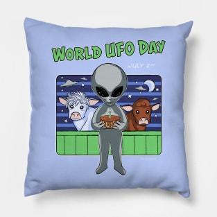 World UFO Day cute alien with cake and cows Pillow