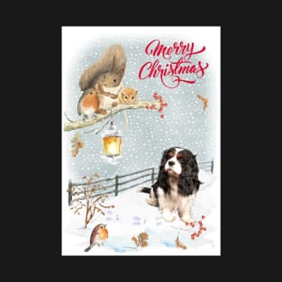 Tri Color Cavalier King Charles Spaniel Merry Christmas Santa Dog T-Shirt