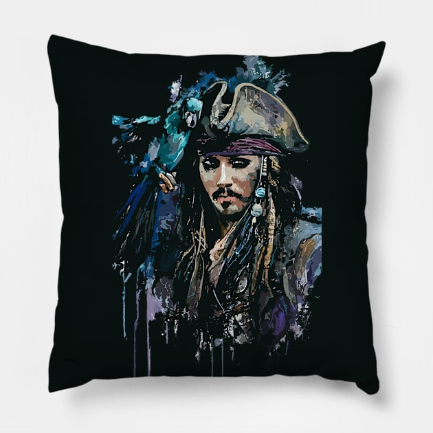 Pirate with Parrot in Old Classic Costume with Furious Face in Ink Painting Style Pillow by diegotorres