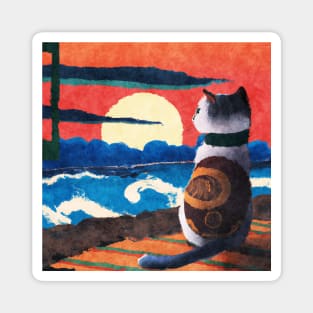 Cat watching sunset - Japanese style painting Magnet