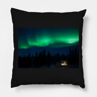 Taiga home under Northern Lights Aurora borealis Pillow