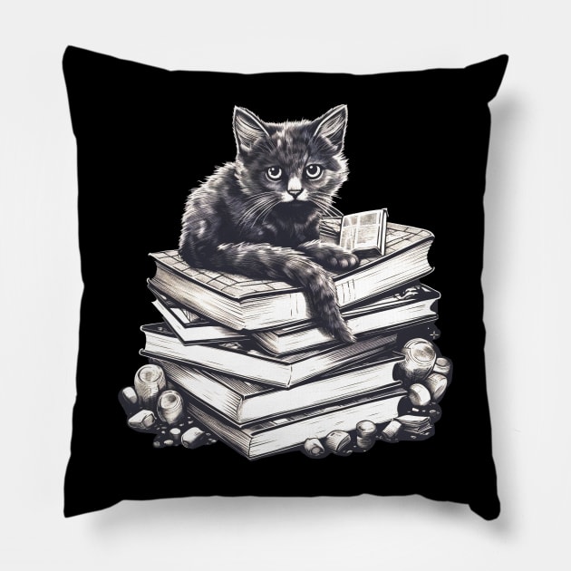 Bookish cat sleeping on books - Kitten lady & librarian gift Pillow by OutfittersAve