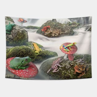 Frog Frogs Sitting On Mushroom Toadstool In Forest River Tapestry