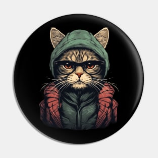 Hipster Cat with Hoodie and Glasses Pin