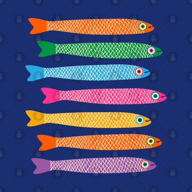 ANCHOVIES Bright Graphic Fun Groovy Fish in Rainbow Colors on Royal Blue - Horizontal Layout - UnBlink Studio by Jackie Tahara by UnBlink Studio by Jackie Tahara