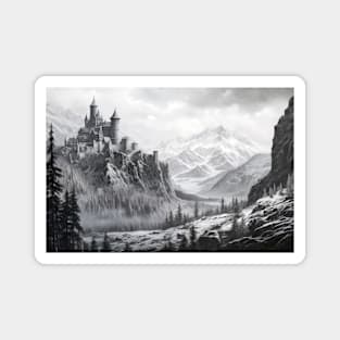 Fortress Mountain Castle Fantasy Story Ink Sketch Style Magnet