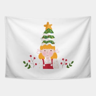 Cute Girl With Christmas Tree Tapestry